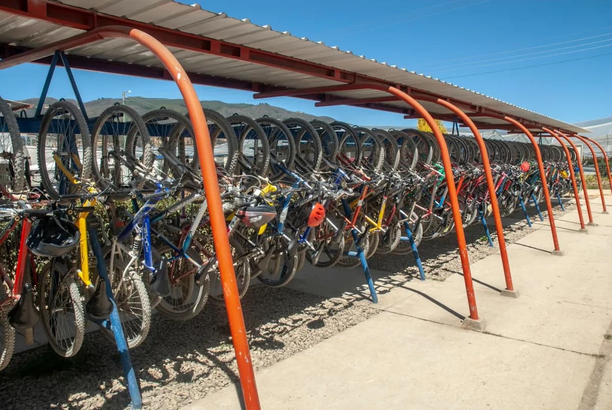 Covered bike shelter with metal roof protecting parked bicycles from weather in Canada