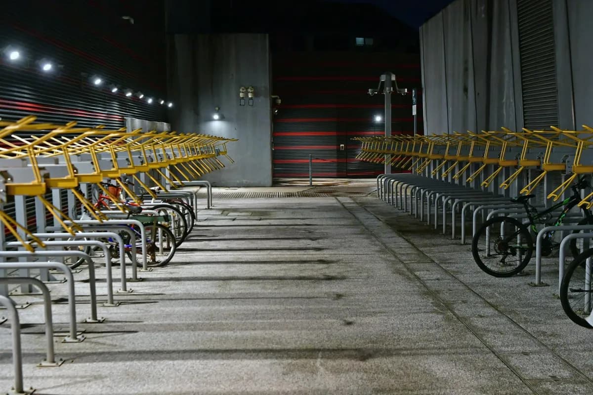 Floor-standing bike racks on an outdoor sidewalk for temporary bicycle parking in Canada
