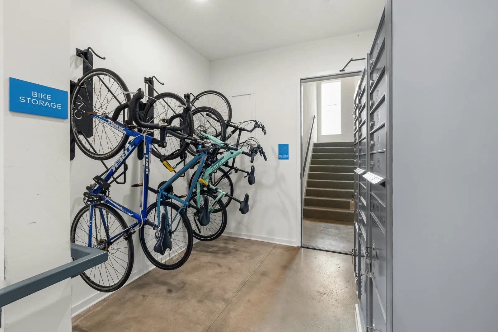 Wall-mounted bike racks with bikes stored vertically in an indoor bike storage room in Canada